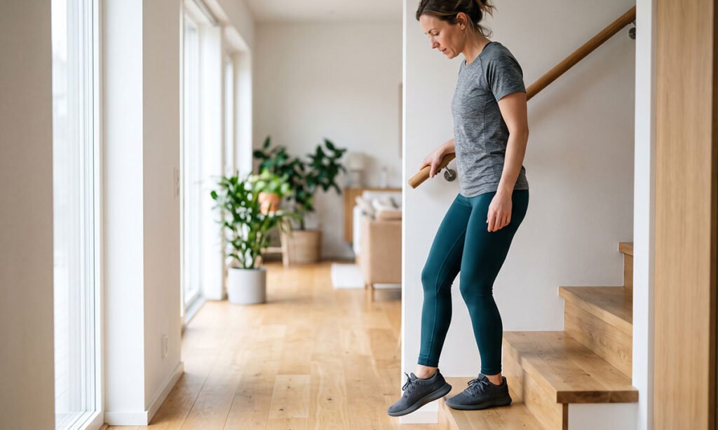Pessoa com rigidez muscular nas pernas no dia seguinte ao exercício.