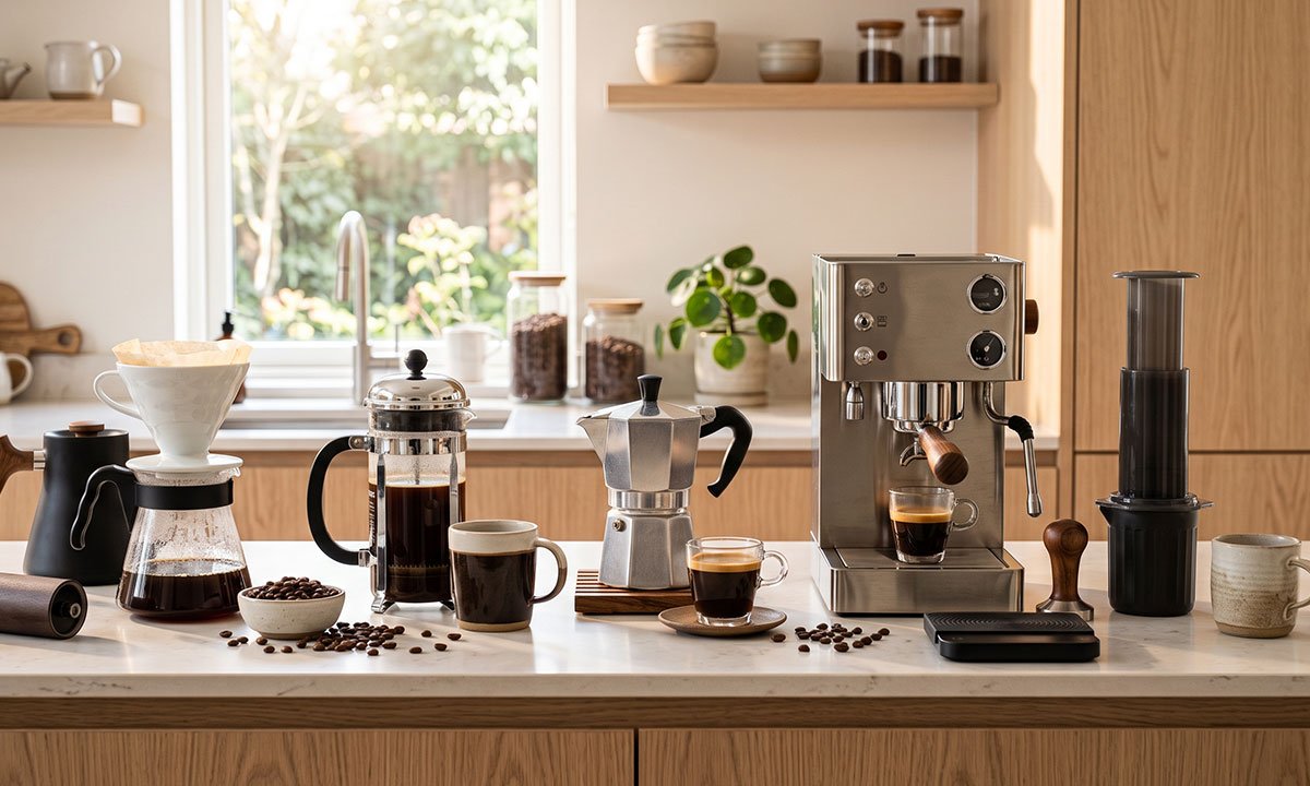 Diferentes métodos de preparo de café organizados sobre uma bancada em casa.