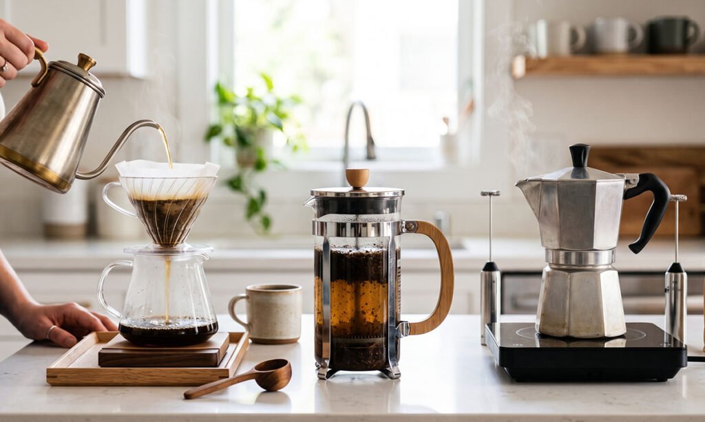 Diferentes processos de preparo de café por filtração, imersão e cafeteira italiana.