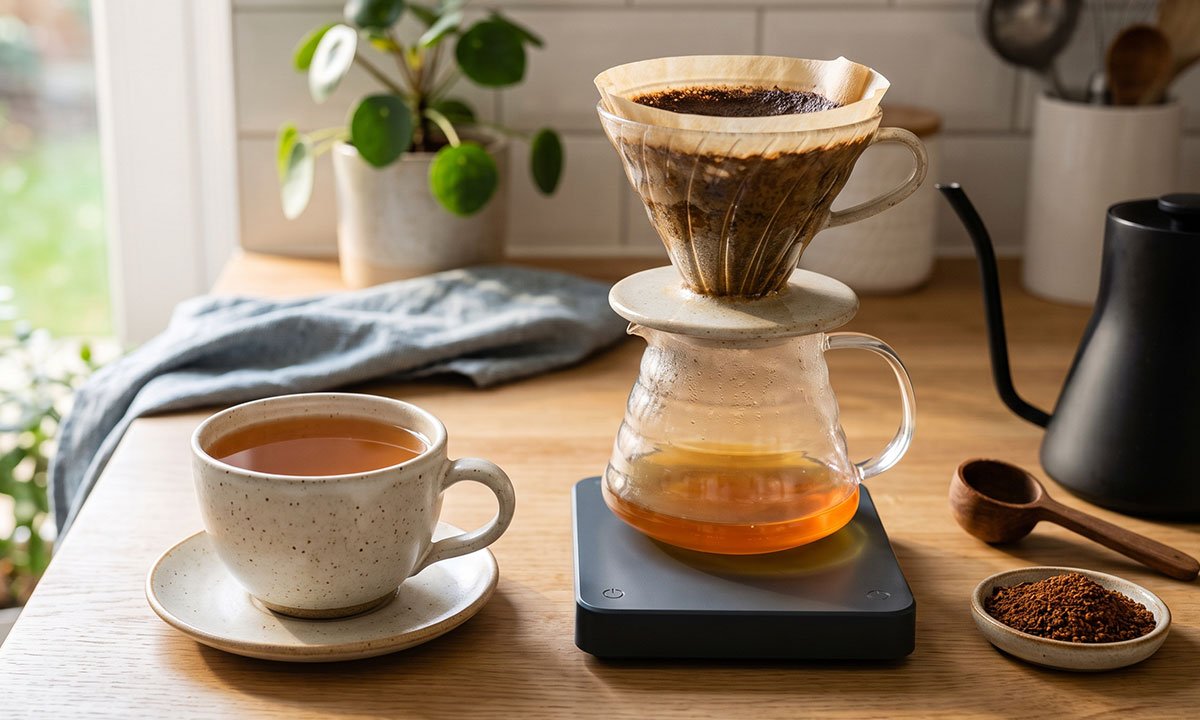 Café coado fraco ao lado dos utensílios utilizados para ajustar o preparo.