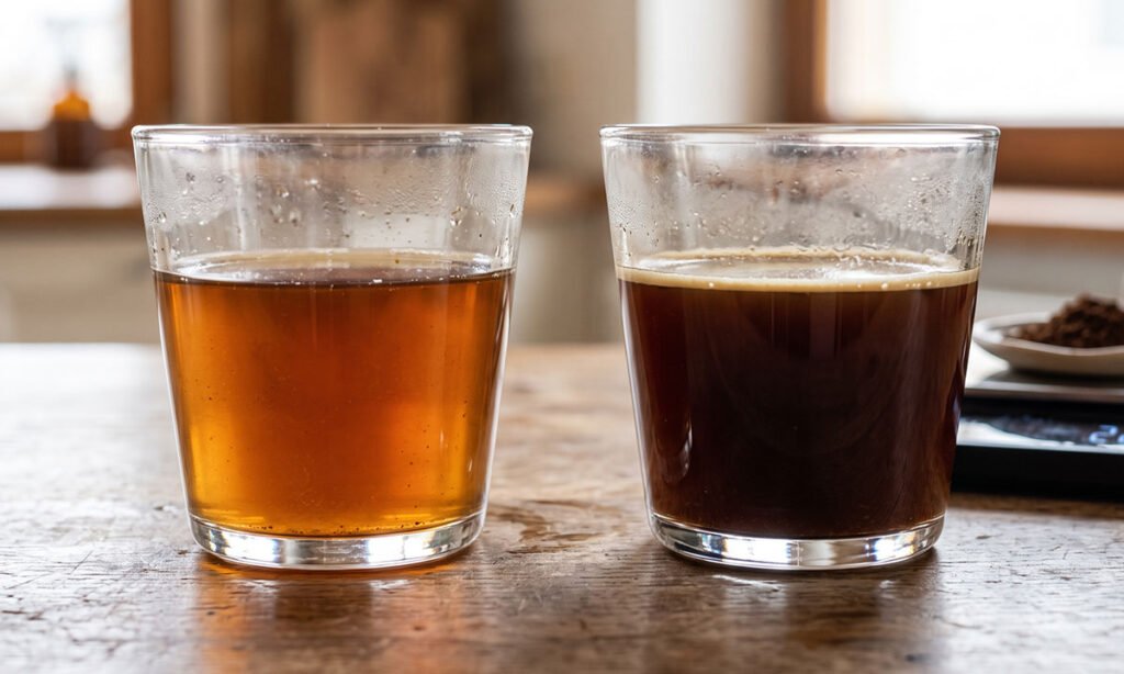 Comparação entre café coado mais fraco e café com maior concentração.