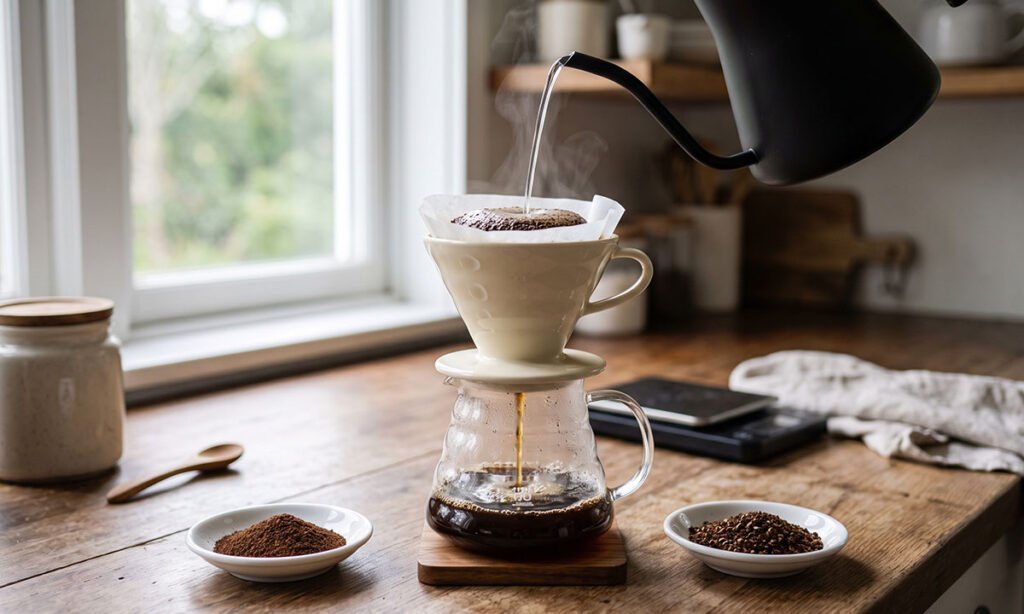 Moagens diferentes ao lado de café coado para avaliar o fluxo e corrigir café fraco.