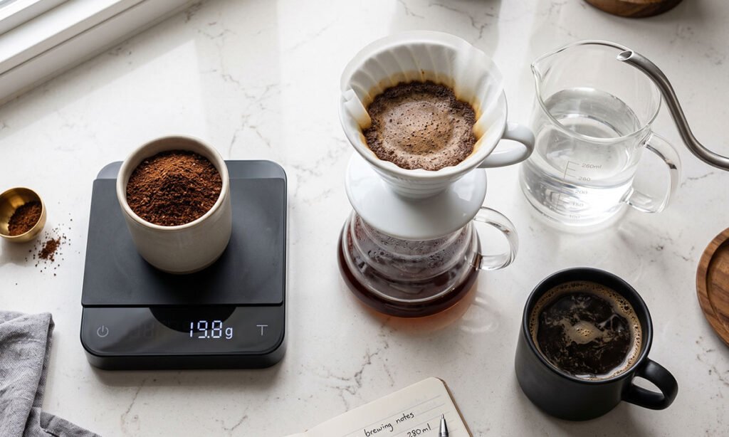 Café, água, balança e coador organizados para ajustar a receita de um café fraco.