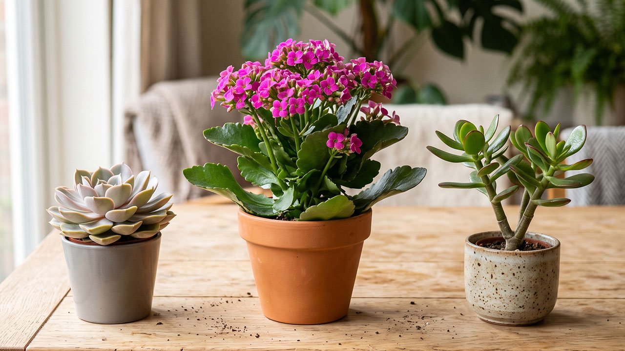 Kalanchoe florida ao lado de Echeveria e Crassula mostrando diferentes tipos de suculentas