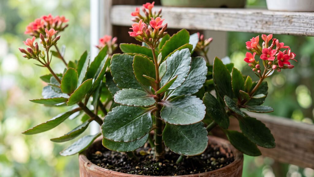 Folhas carnosas e flores de Kalanchoe blossfeldiana
