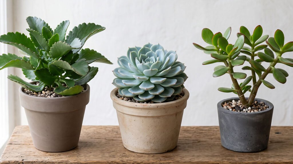 Comparação entre Kalanchoe, Echeveria e planta-jade