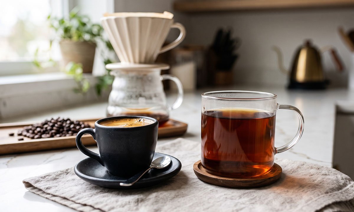 Café mais intenso e café mais suave servidos lado a lado para comparação.