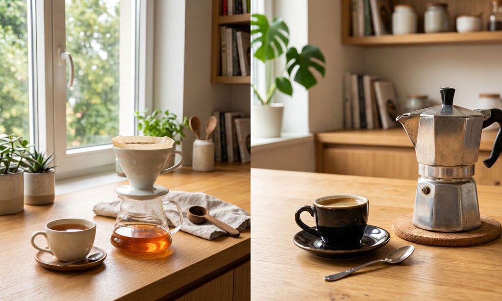 Café filtrado mais delicado e café concentrado comparados em diferentes métodos de preparo.