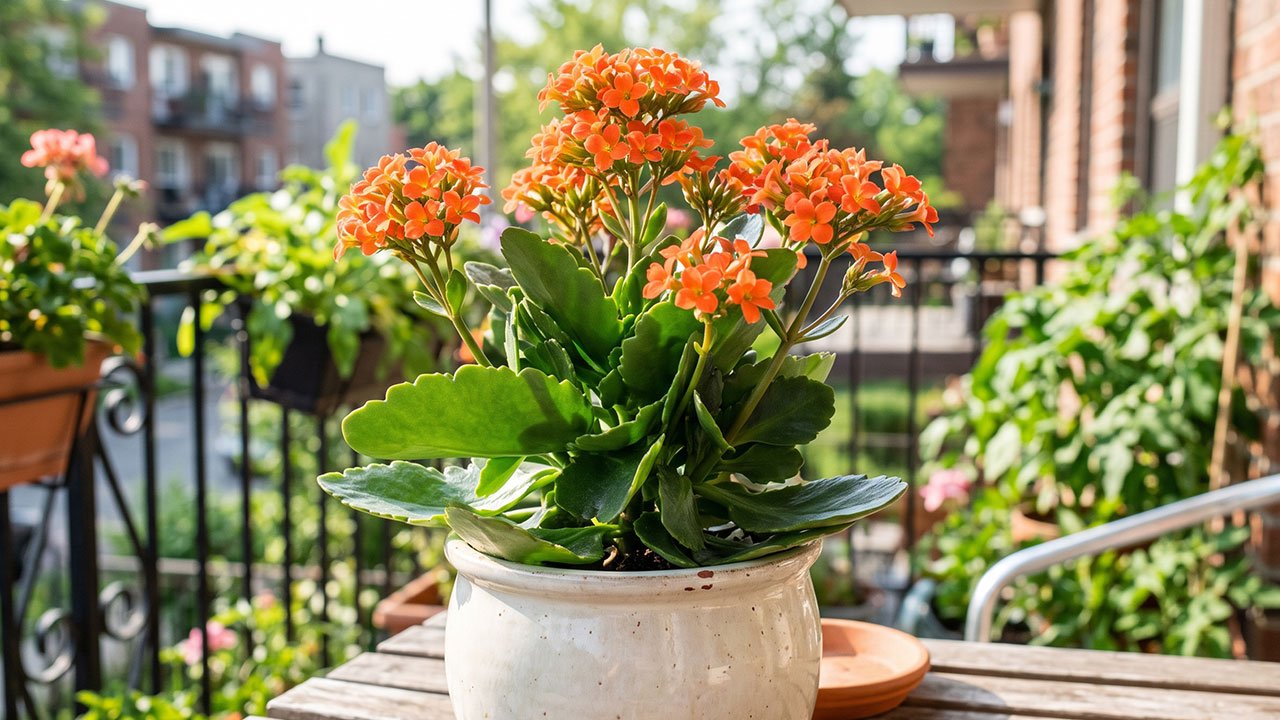 Kalanchoe saudável em vaso recebendo luz suave durante o verão.