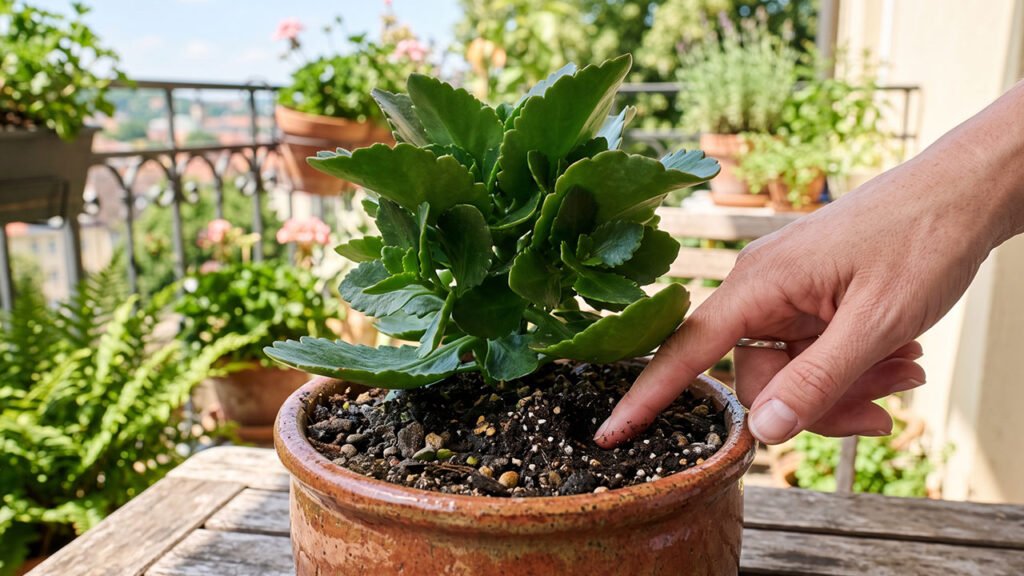 Verificação da umidade do substrato da Kalanchoe antes da rega no verão.