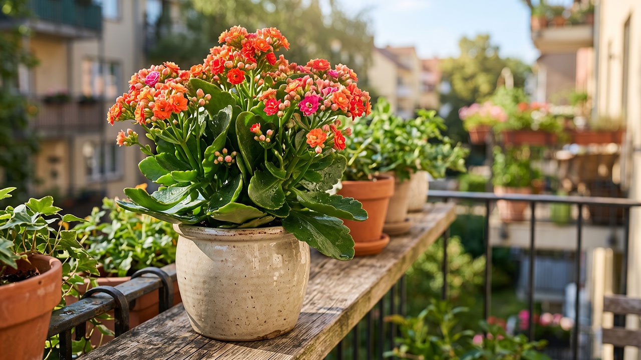 Kalanchoes floridas em pequenos vasos decorando um ambiente interno bem iluminado.