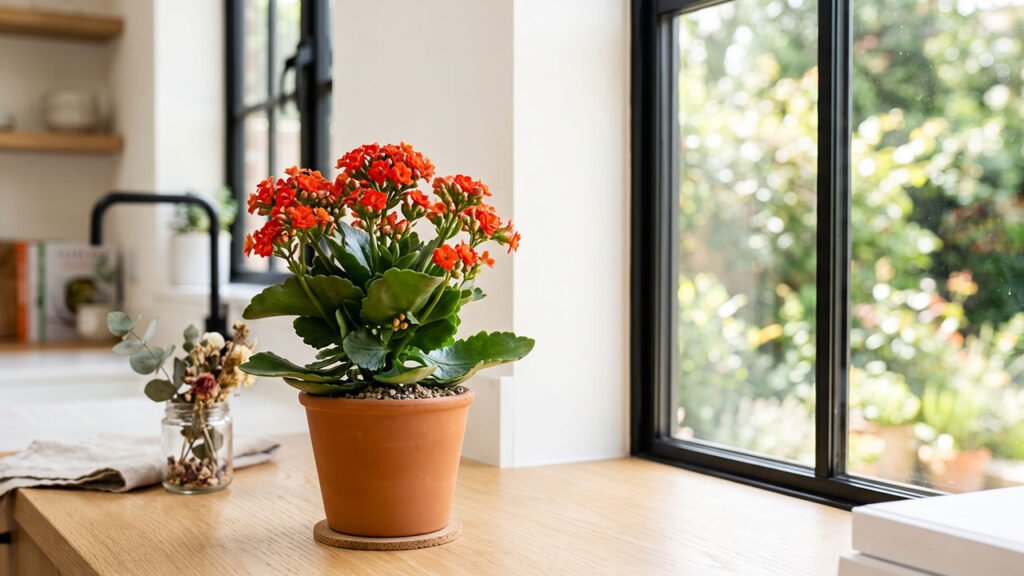 Kalanchoe florida em vaso pequeno mostrando seu porte compacto dentro de casa.