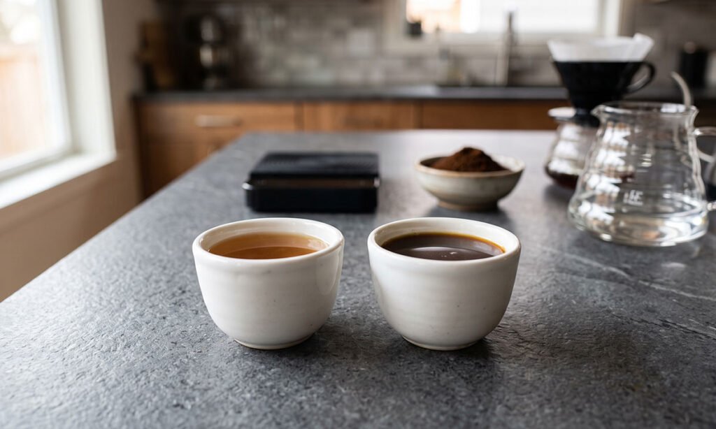 Comparação de café coado preparado com duas proporções para aumentar a intensidade.