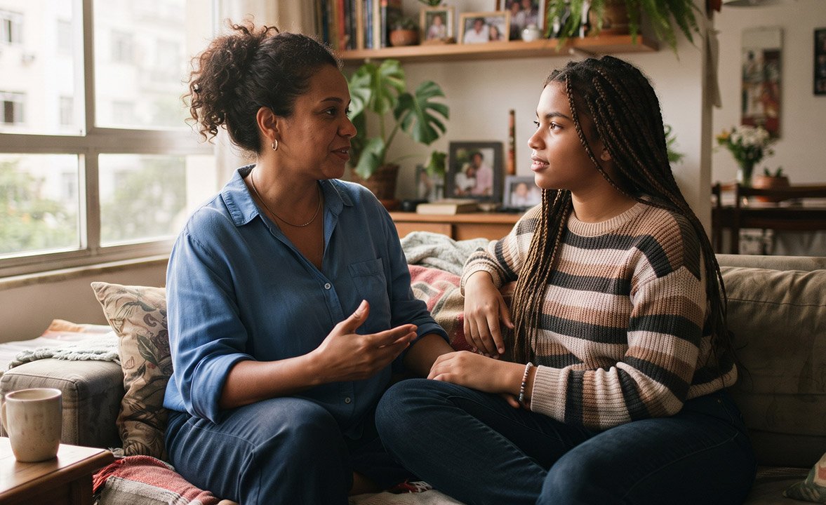 Mãe e filha adolescente conversando com atenção e respeito em casa.