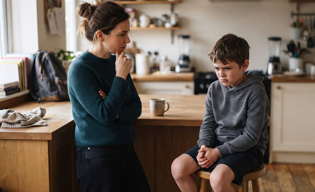 Mãe fazendo uma pausa antes de responder ao filho durante um momento de frustração.