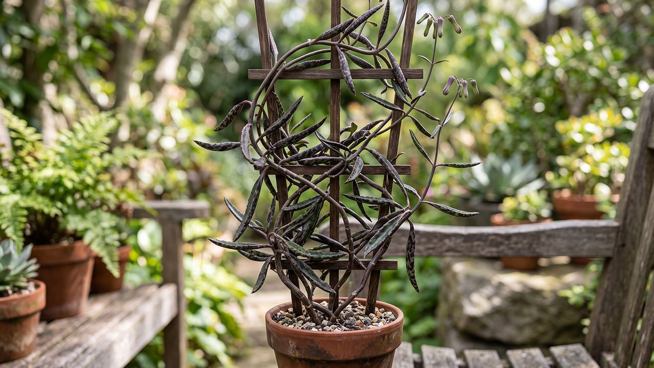 Kalanchoe beauverdii crescendo como suculenta trepadeira sobre um suporte.