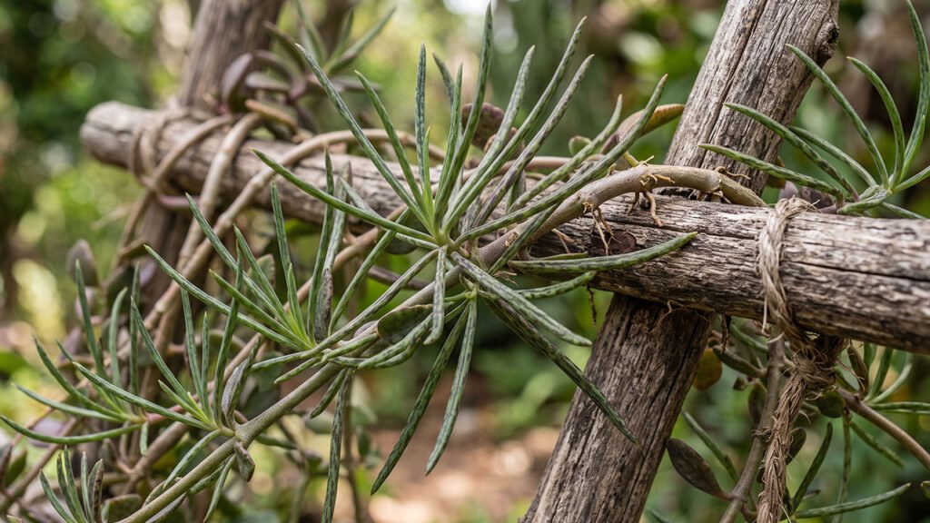 Ramos finos e folhas da Kalanchoe beauverdii crescendo sobre um suporte.