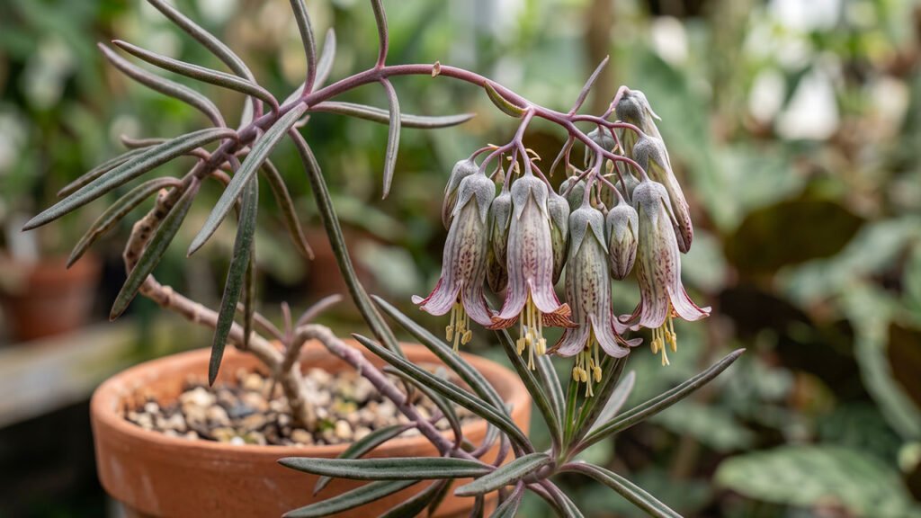 Folhas escuras e flores pendentes da Kalanchoe beauverdii.