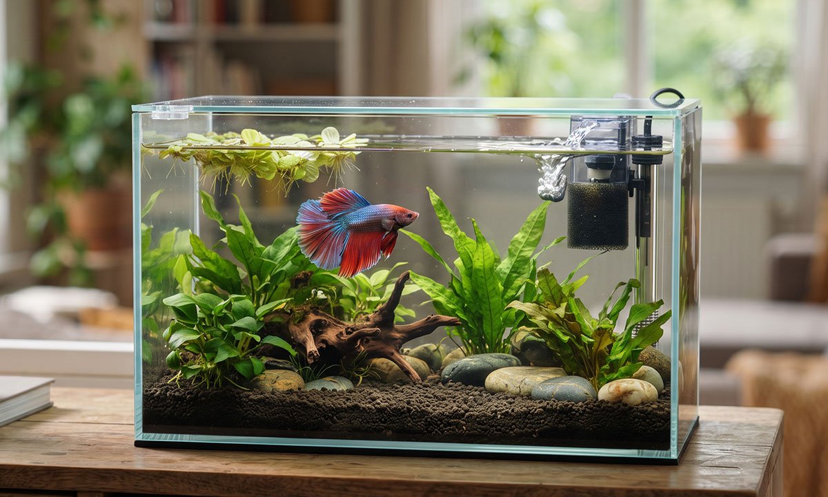 Aquário de aproximadamente 25 litros montado com filtro, aquecimento e plantas para um peixe Betta.