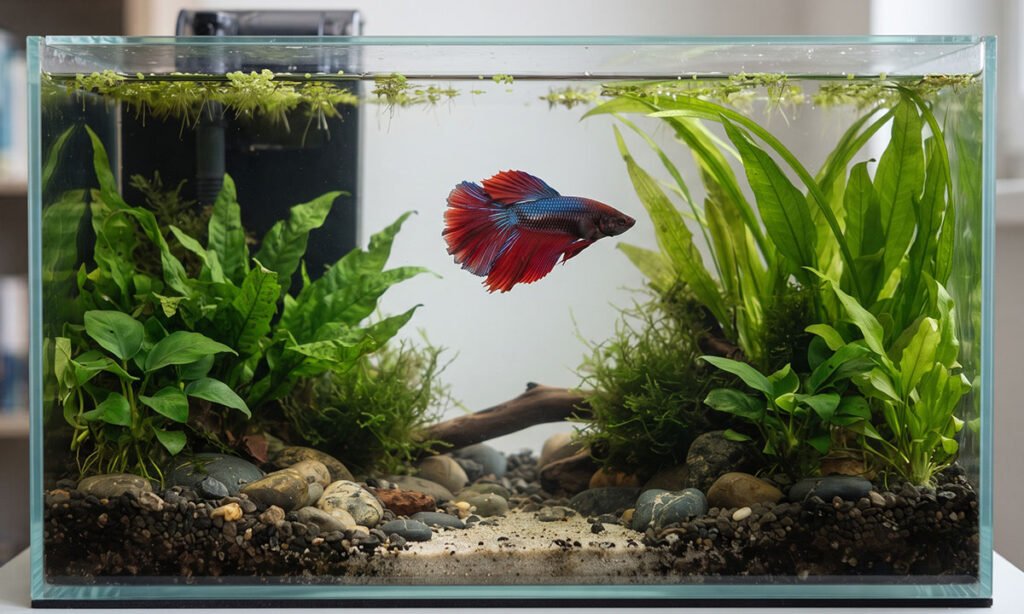 Betta nadando em aquário retangular com espaço horizontal, plantas e área livre.