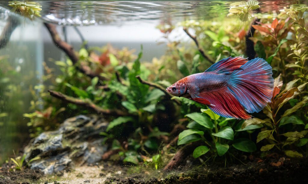 Betta nadando confortavelmente em aquário com filtragem e corrente suave.