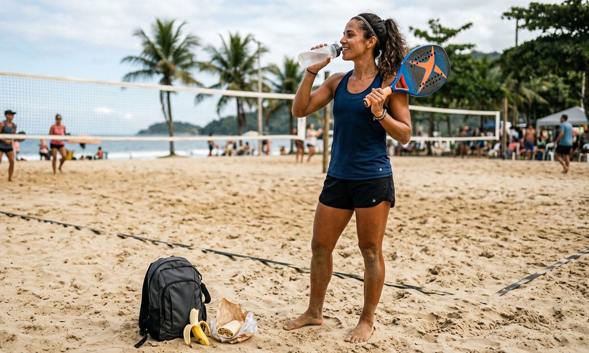 Jogadora de Beach Tennis preparada com água e alimentação simples antes da partida.