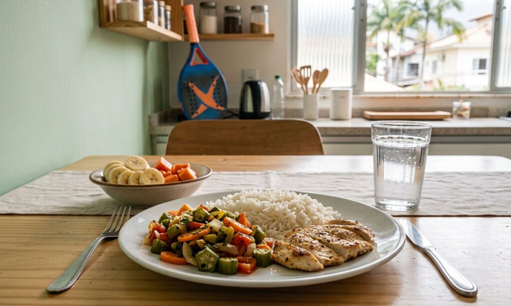 Jogadora de Beach Tennis preparada com água e alimentação simples antes da partida.