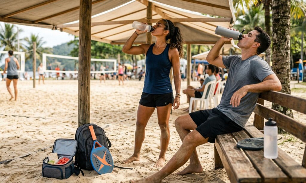 Jogadores de Beach Tennis bebendo água durante uma pausa na partida.