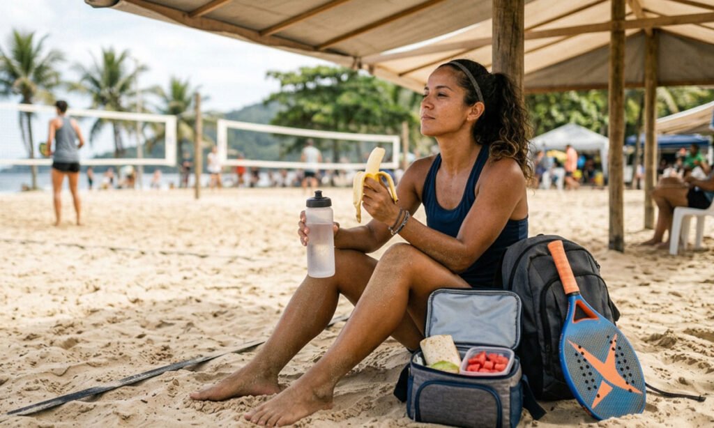 Jogadora comendo um lanche simples e bebendo água entre partidas de Beach Tennis.