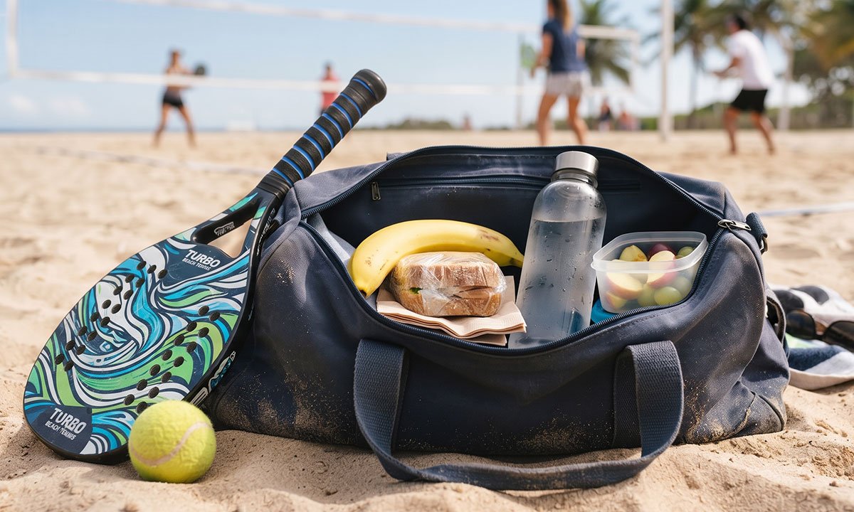 Bolsa preparada com lanches simples, água e equipamento para uma sessão de Beach Tennis.