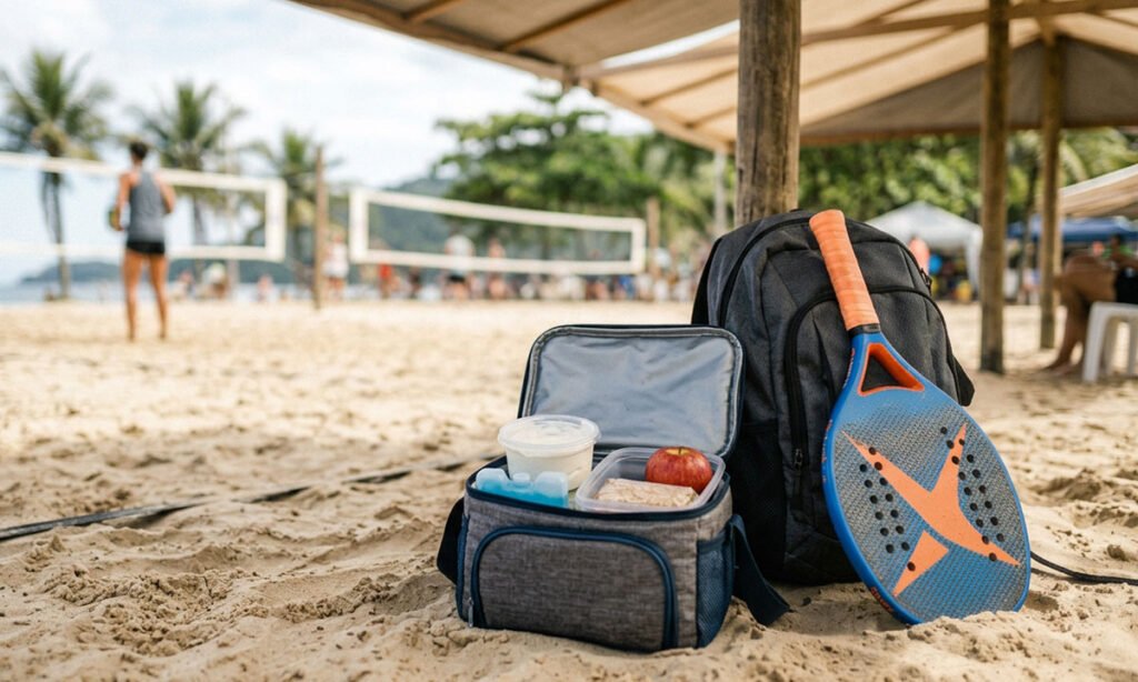 Bolsa térmica com iogurte, fruta e sanduíche para consumir entre partidas de Beach Tennis.