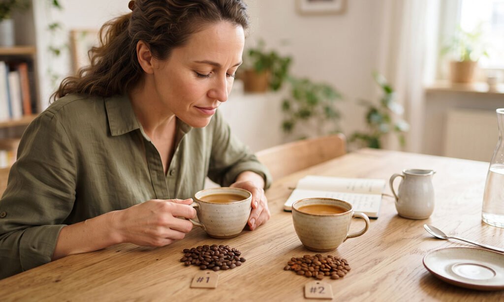 Duas xícaras de café sendo comparadas para perceber diferenças de aroma e sabor.