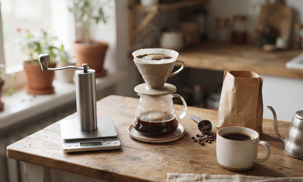 Café especial sendo preparado em casa com equipamentos simples e acessíveis.