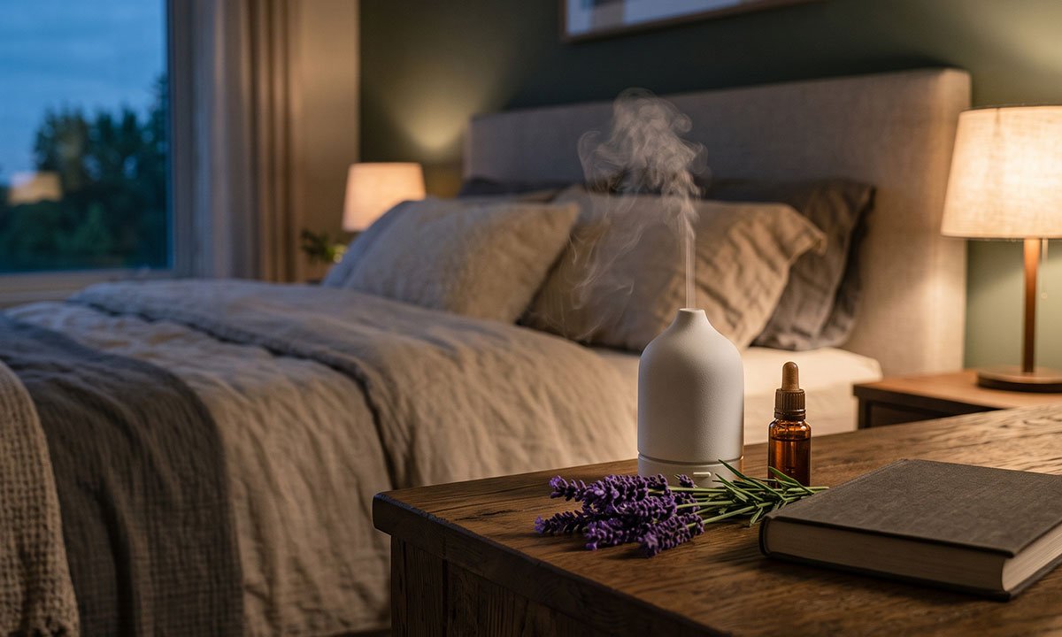 Difusor com óleo essencial e lavanda em ambiente preparado para a rotina noturna