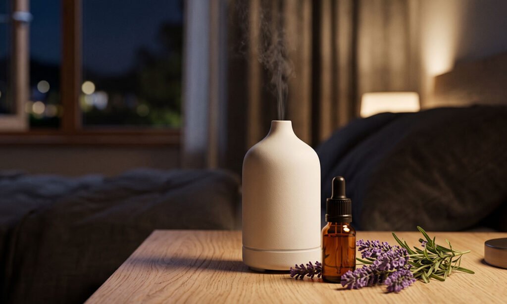 Óleo essencial de lavanda e difusor usados de forma discreta no ambiente noturno