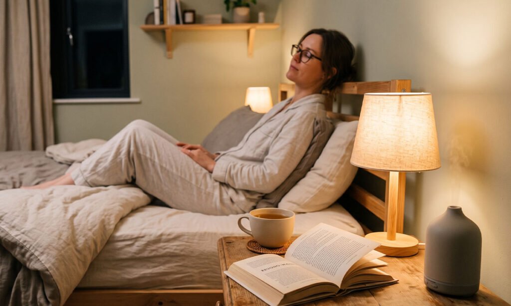 Leitura, chá e aroma suave compondo uma rotina tranquila no fim do dia