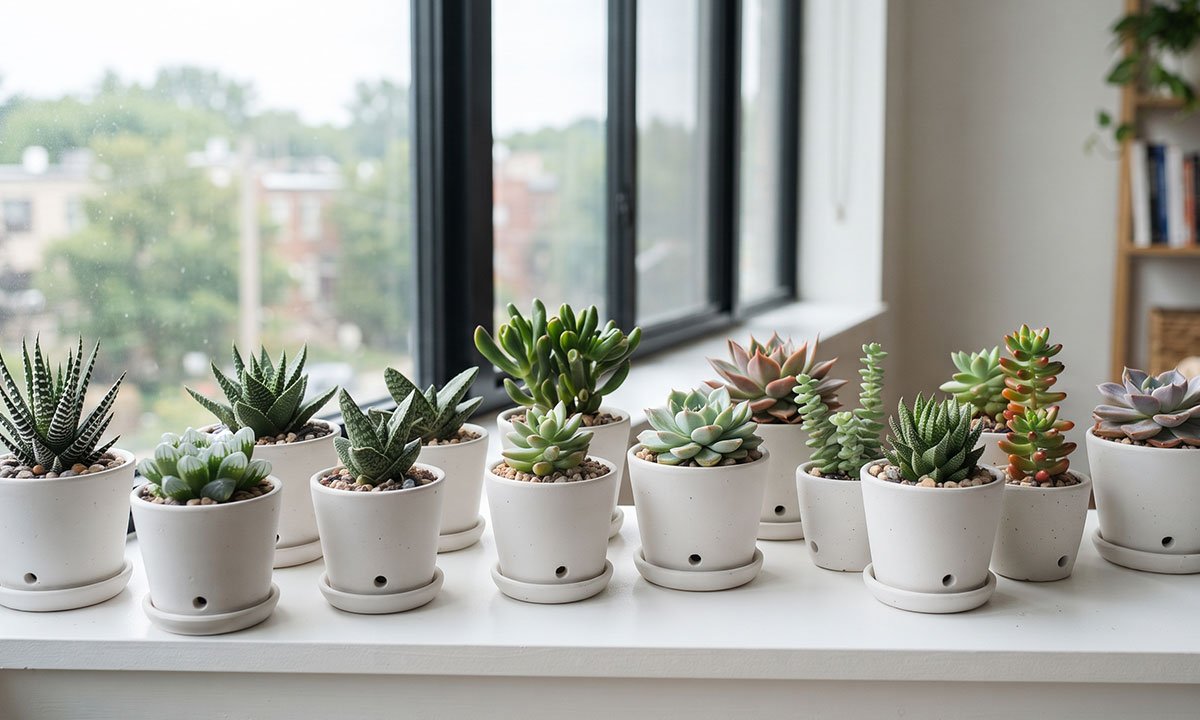 Suculentas cultivadas em apartamento próximo a uma janela com boa luminosidade.