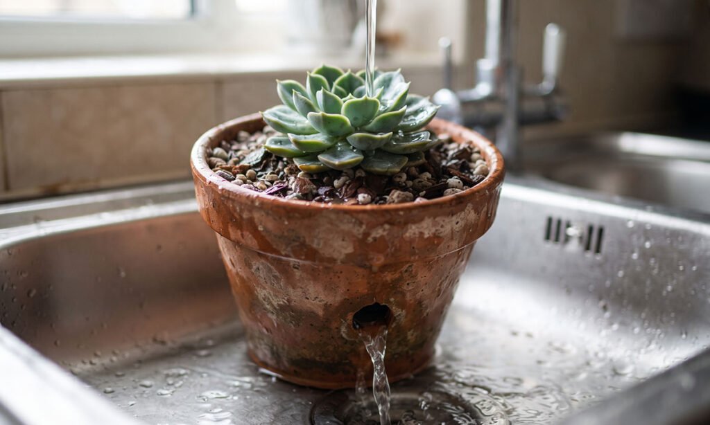 Suculenta sendo regada em vaso com drenagem até a água sair pelo fundo.