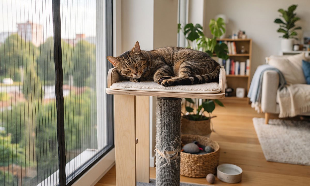 Gato vivendo em apartamento enriquecido com espaço vertical, arranhador e janela protegida.