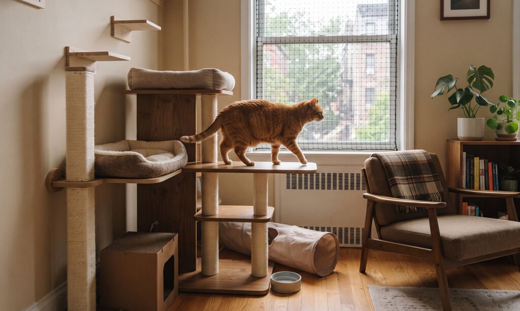 Apartamento compacto organizado com recursos e espaço vertical para um gato.