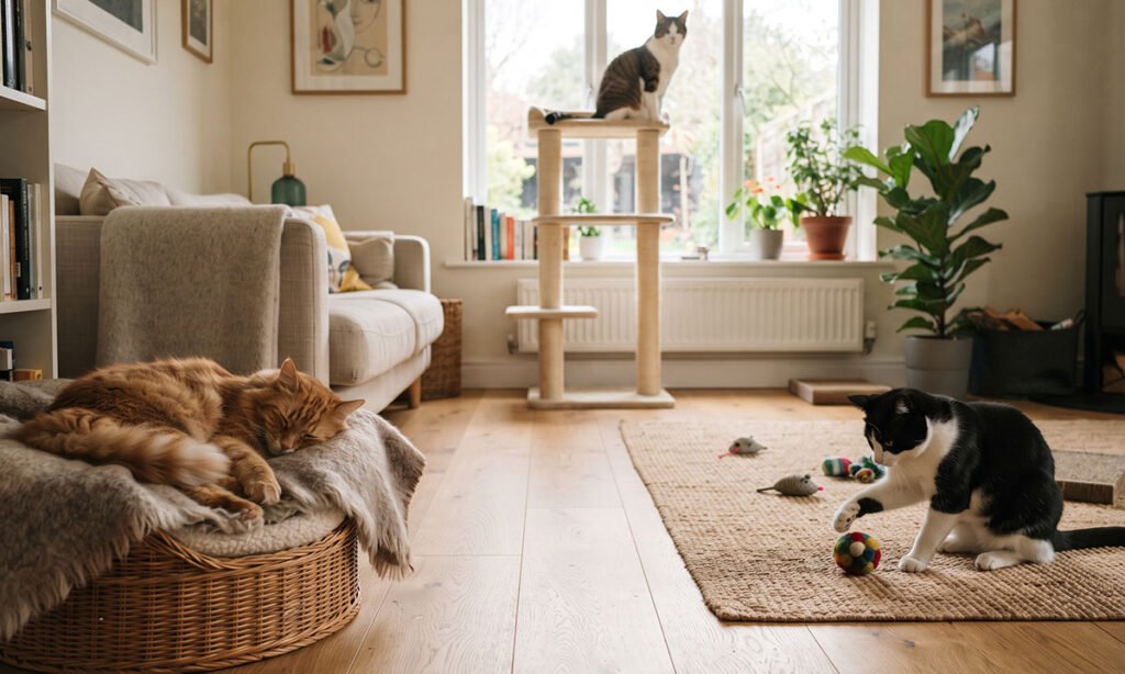 Gatos com diferentes níveis de atividade utilizando recursos distintos dentro de casa.