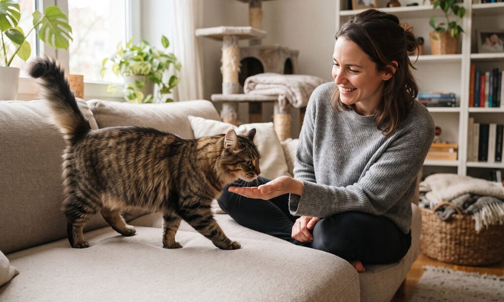 Gato adulto sem raça definida convivendo tranquilamente em um apartamento.