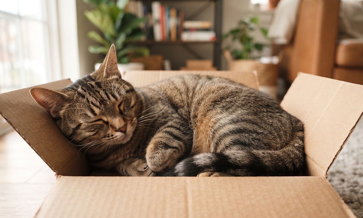 Gato dormindo confortavelmente dentro de uma caixa de papelão pequena e segura.