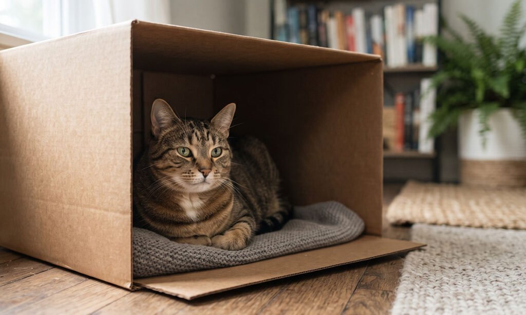 Gato utilizando uma caixa de papelão como esconderijo e local seguro de descanso.