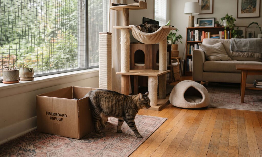 Ambiente doméstico com caixa, espaço elevado, arranhador e diferentes opções para o gato.