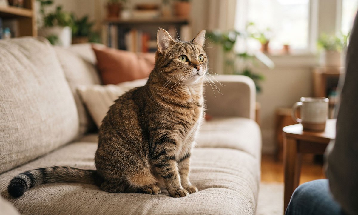 Gato olhando atentamente para o tutor com postura corporal relaxada.