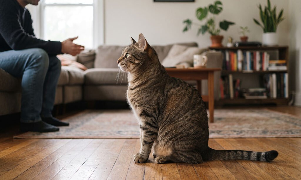 Postura relaxada de um gato enquanto observa atentamente uma pessoa.