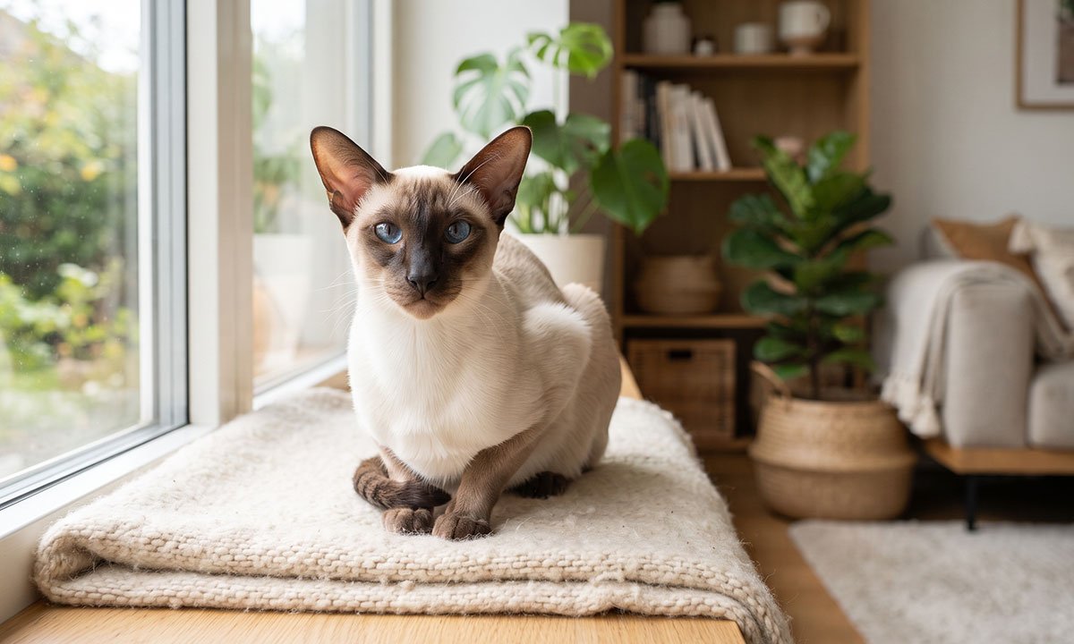 Gato Siamês adulto de olhos azuis e pelagem clara com pontos escuros.