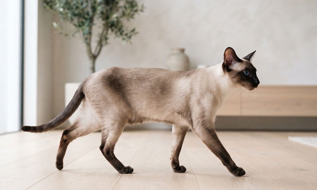 Características físicas de um gato Siamês, com corpo esguio, olhos azuis e extremidades escuras.