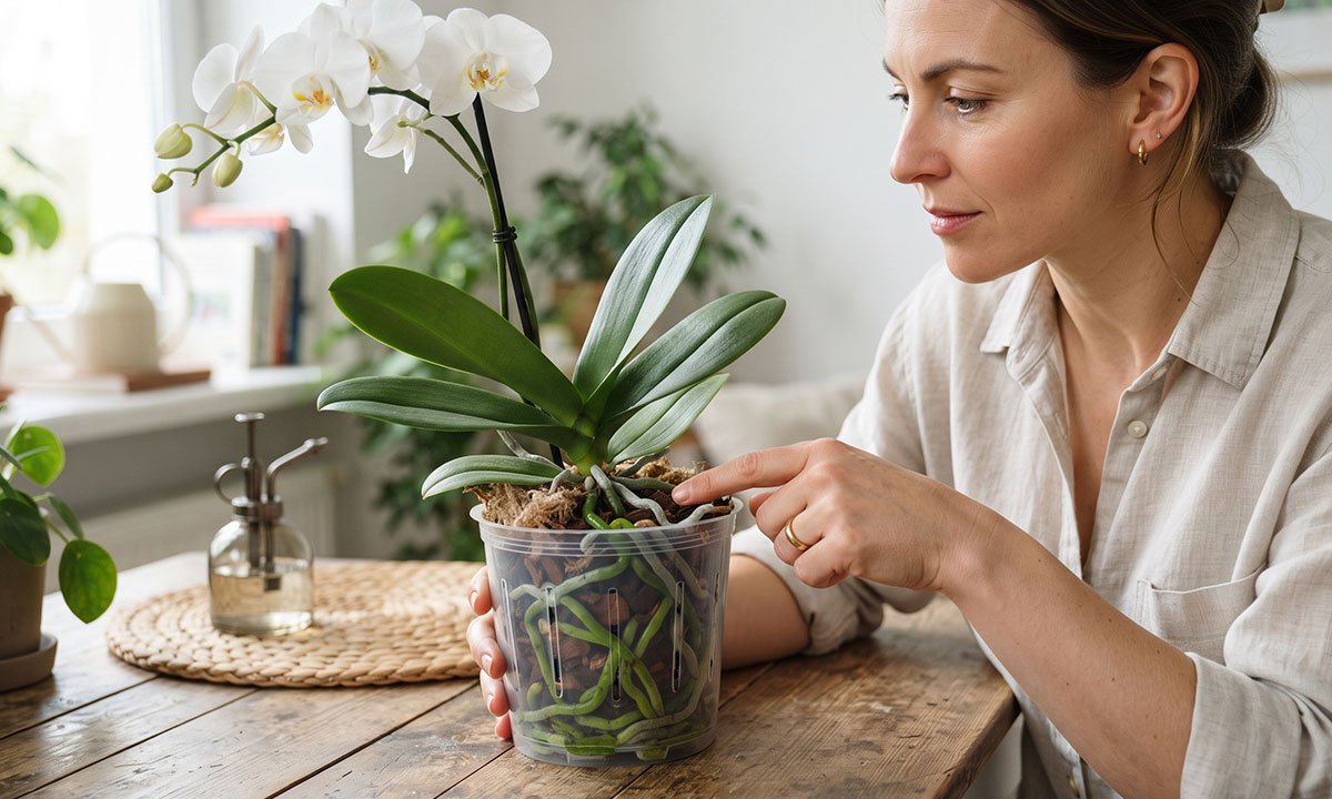 Pessoa verificando raízes e substrato de uma orquídea antes de regar.